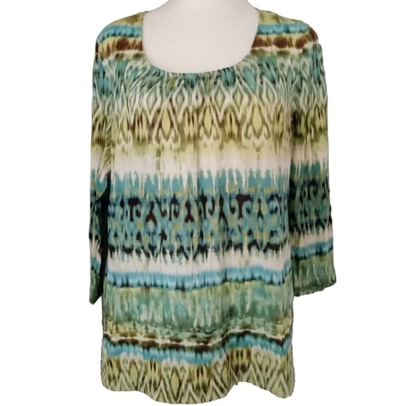 Chico's Abstract Ikat Tye Dye Lightweight Semi Sheer Top Size 2 Large Green Blue - Picture 1 of 6